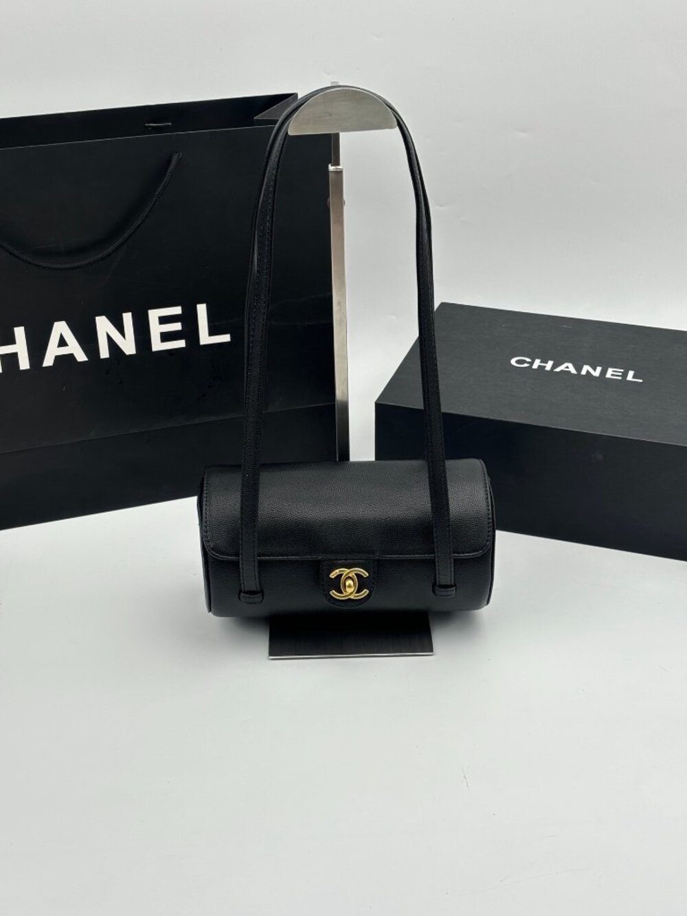 Chanel Black Caviar Leather Cylinder Barrel Shoulder Bag